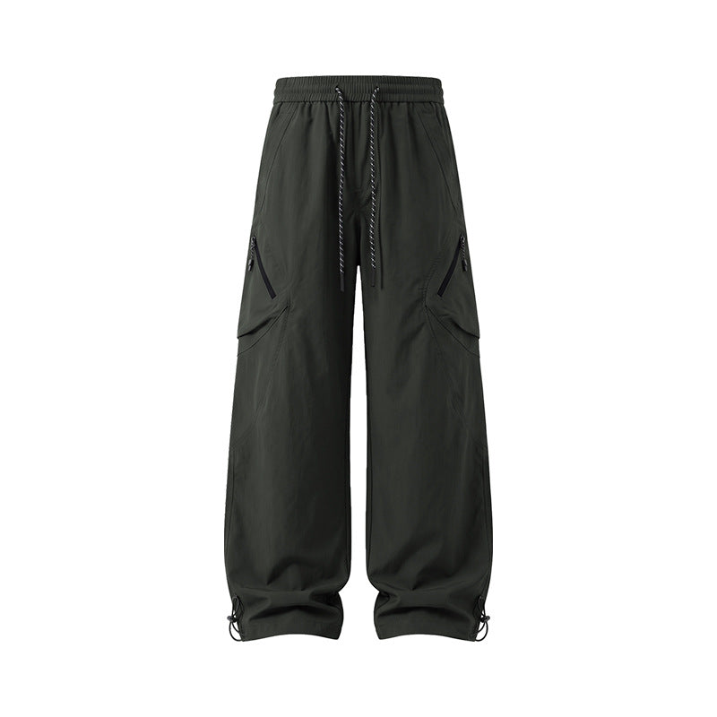 Men's Wide Technical Utility Cargo Pants with Drawstring Waist and Multifunctional Pockets Drune