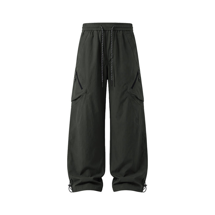 Men's Wide Technical Utility Cargo Pants with Drawstring Waist and Multifunctional Pockets Drune