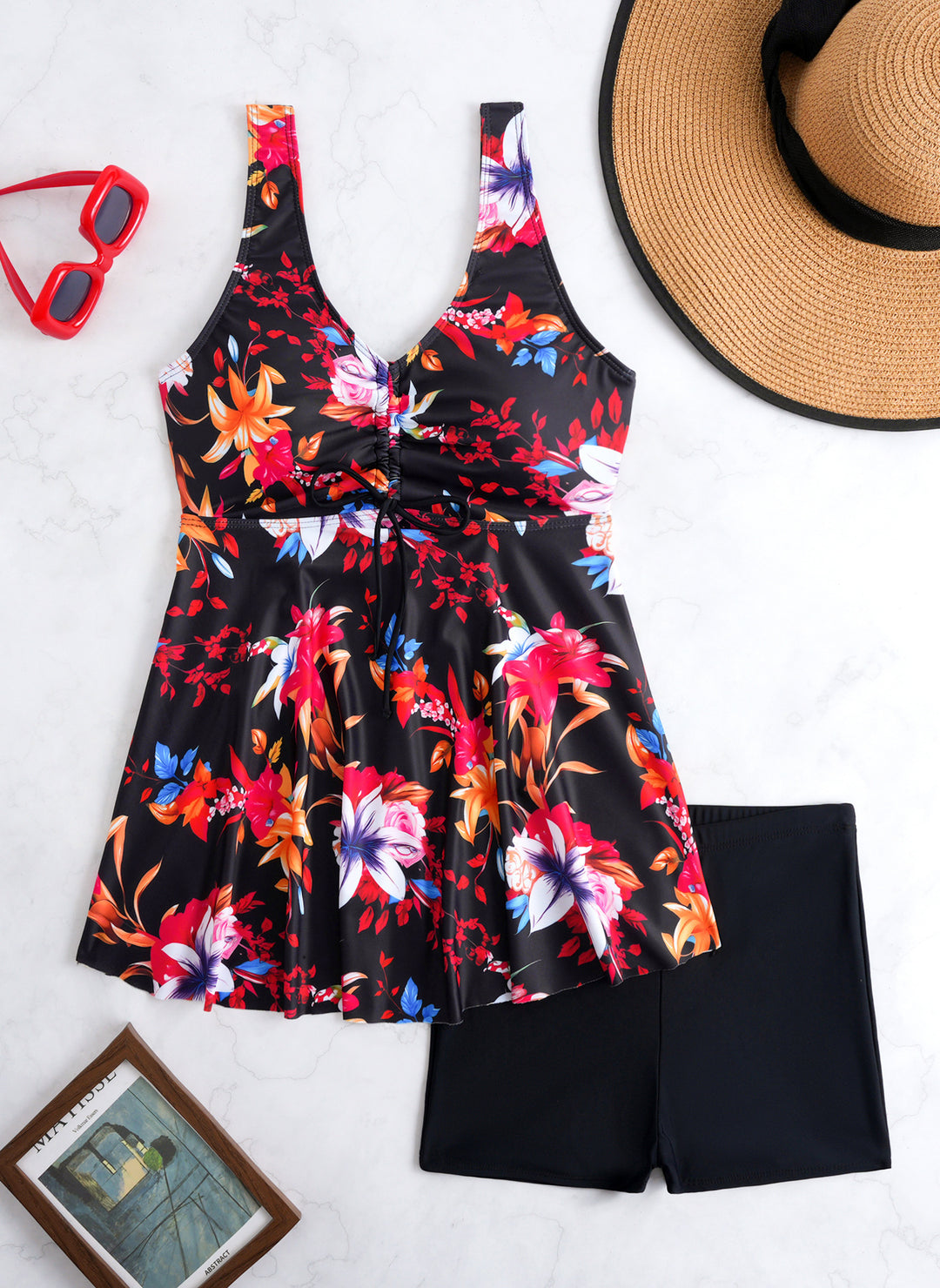 Ladies' tankini set with stylish ruffle and graphic peacock pattern Mune Fashion