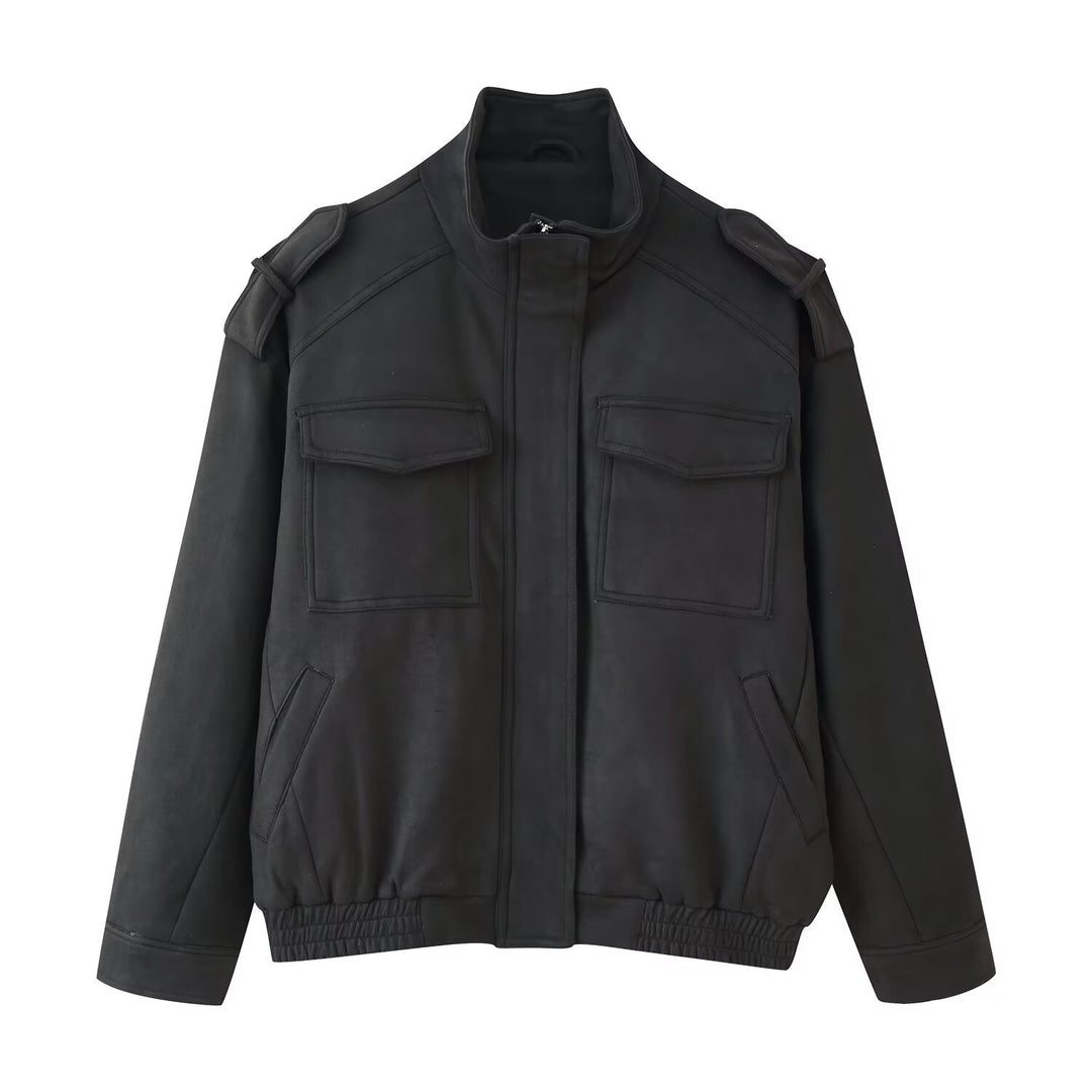 Ladies Utility Bomber Jacket with Epaulettes, Stand-Up Collar and Patch Pockets Mune Fashion