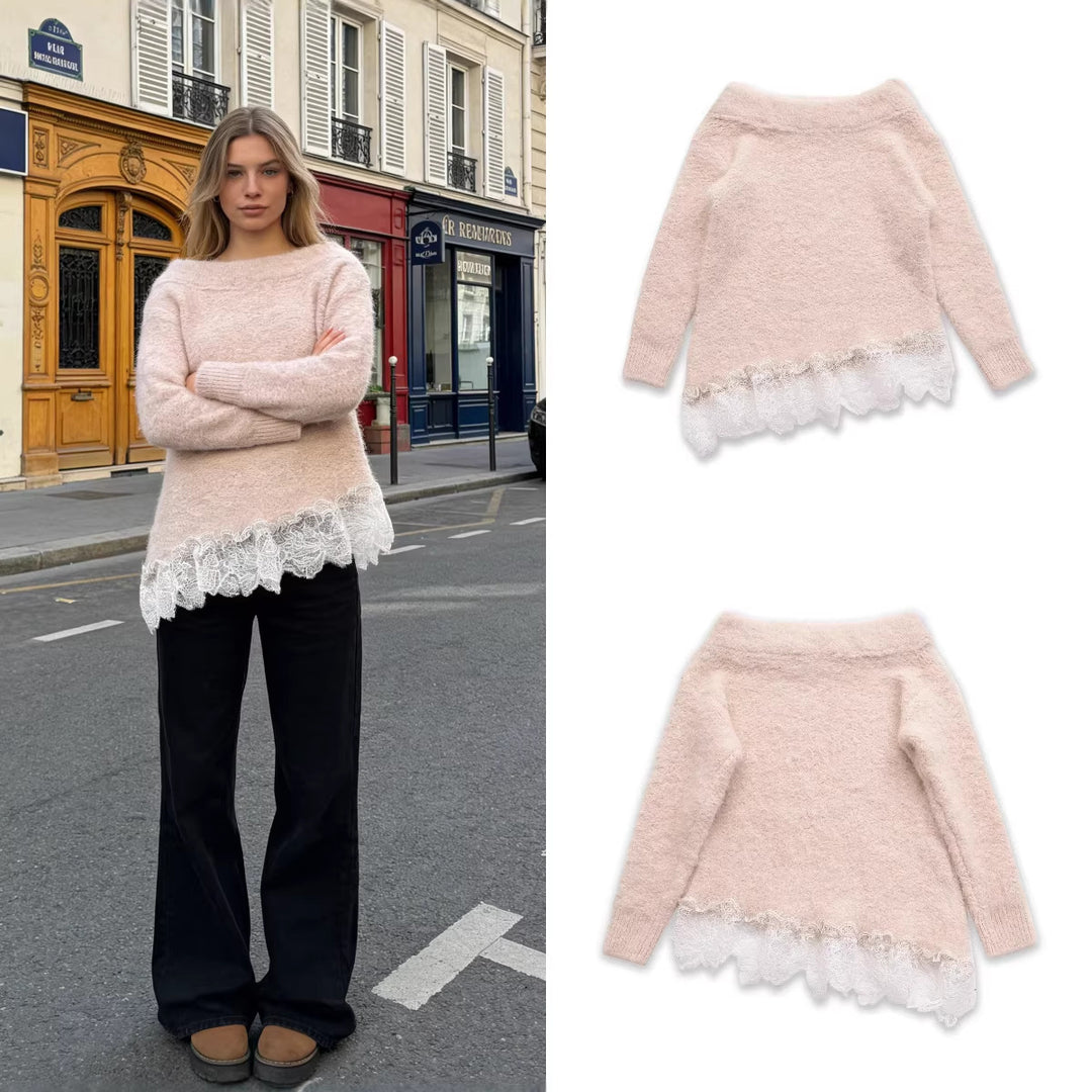 Women's Fuzzy Knit Sweater with Off-the-Shoulder Neckline and Lace Trim Mune Fashion