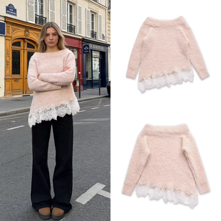 Women's Fuzzy Knit Sweater with Off-the-Shoulder Neckline and Lace Trim Mune Fashion
