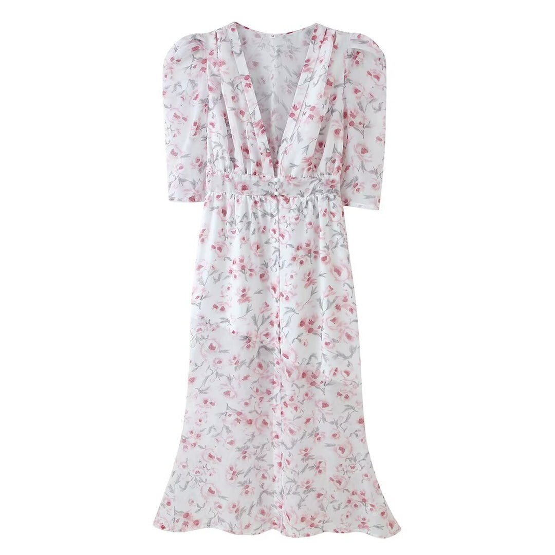 Women Chiffon Midi Dress with Floral Allover Look, V-Neck and Gathered Waist Mune Fashion