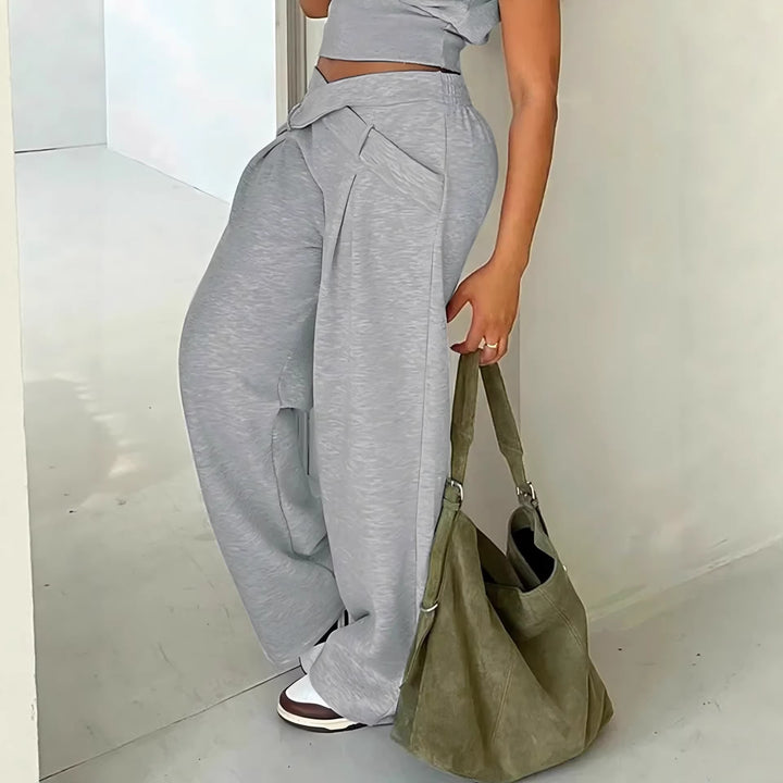 Women's Loose High-Waist Pants with Wrap Waistband, Decorative Belt and Waist Cut Drune