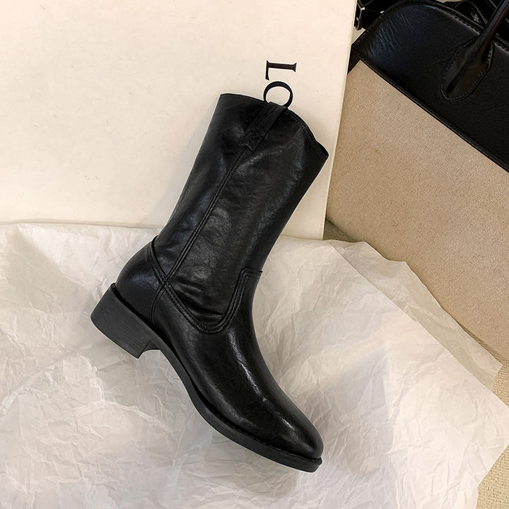 Women's Mid-Calf Western Boots made of Smooth Leather with Low Block Heel Mune Fashion