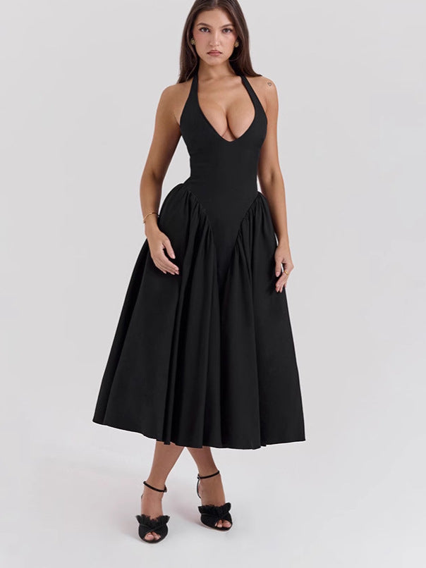 Women's figure-flattering halter bustier midi dress with tailored bodice and wide circle skirt Mune Fashion