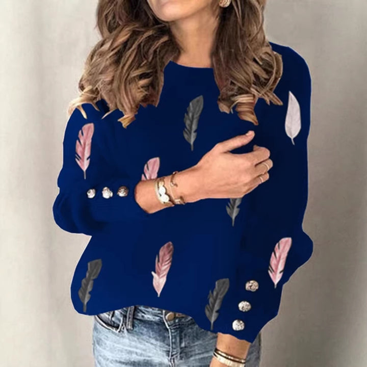 Women's fine knit sweater with feather motif, round neck and decorative button placket Mune Fashion