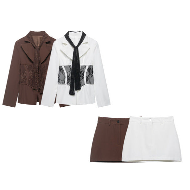 Women Tailored Blazer with Lace Inserts and Integrated Lace Scarf Mune Fashion