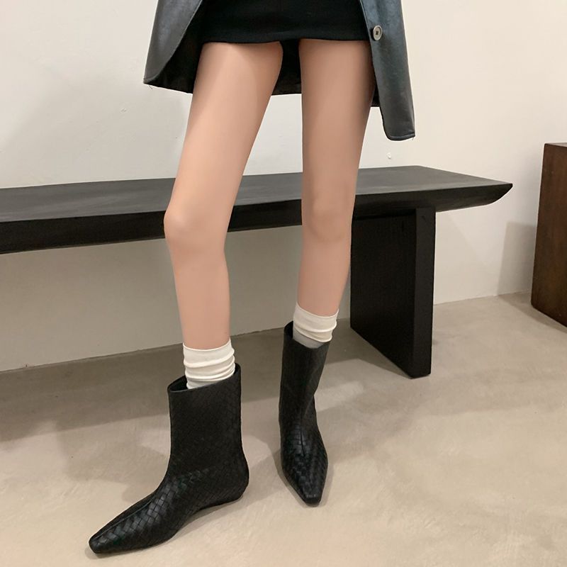 Women's Braided Leather Look Mid-Calf Ankle Boots with Pointed Toe and Flat Heel Mune Fashion