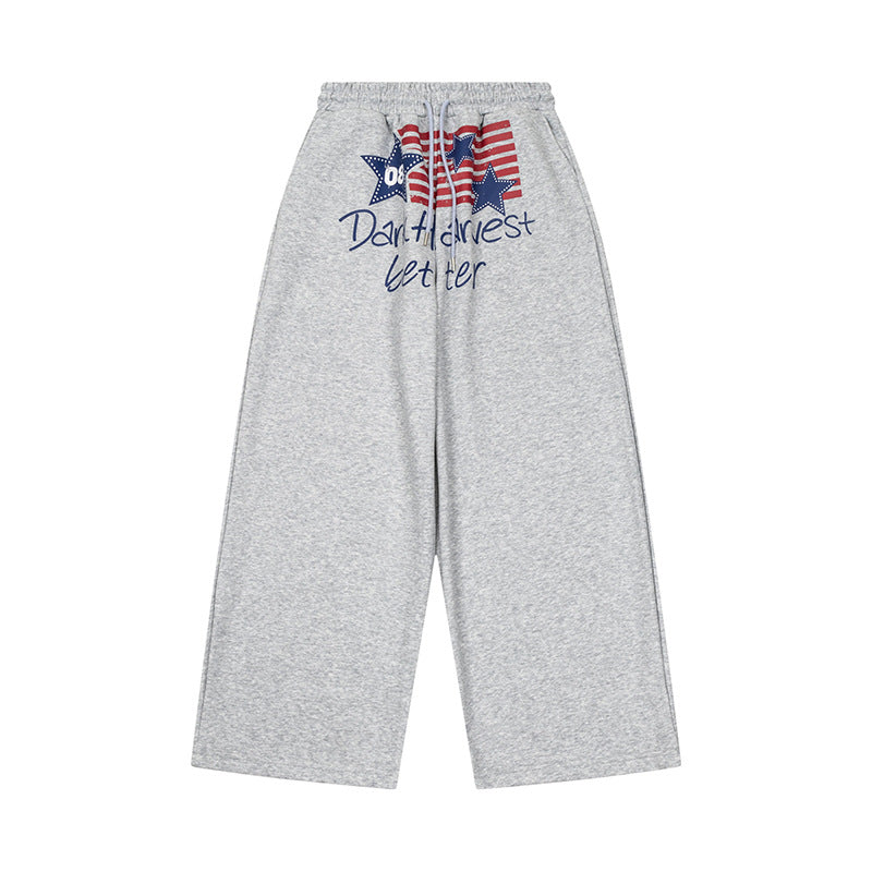 Women's Wide Culotte Lounge Pants with High Comfort Waistband, Drawstring and Star Flag Print Mune Fashion