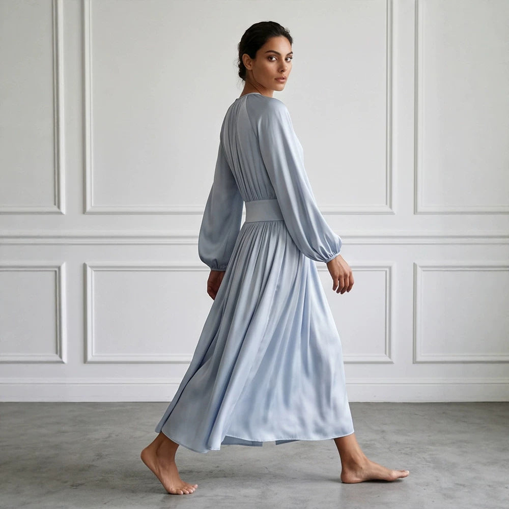 Women's Flowing Midi Dress with Wide Waistband, Gathered Top and Balloon Sleeves Mune Fashion