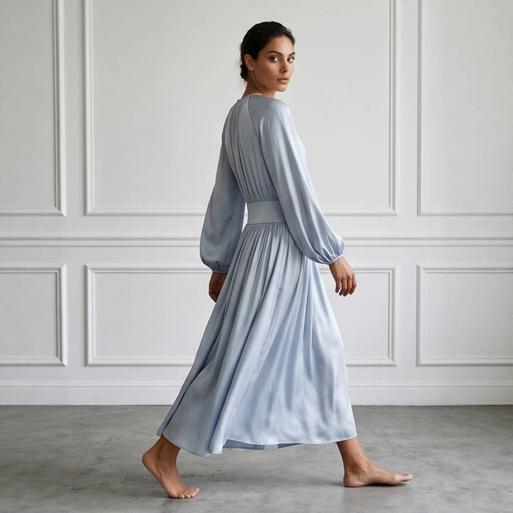 Women's Flowing Midi Dress with Wide Waistband, Gathered Top and Balloon Sleeves Mune Fashion