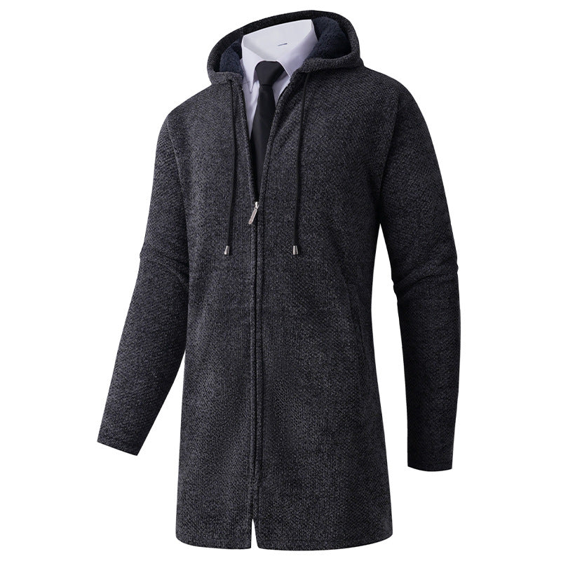 Men's fitted knit coat with hood, full-length zipper and warming teddy lining inside Mune Fashion
