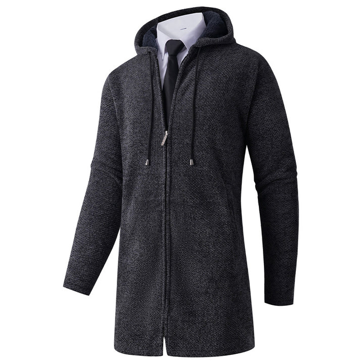 Men's fitted knit coat with hood, full-length zipper and warming teddy lining inside Mune Fashion