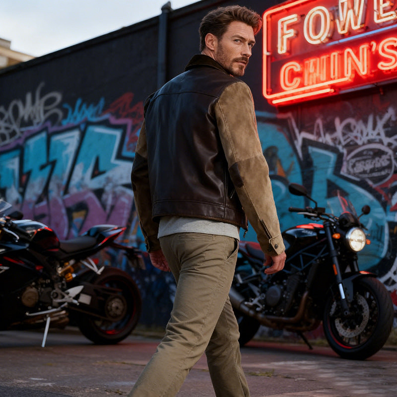 Men's leather jacket with cord sleeves, shirt collar and full zip Mune Fashion