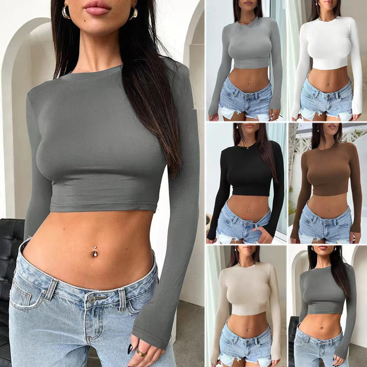 Women’s Fitted Stretch Cropped Long Sleeve Shirt with Round Neckline