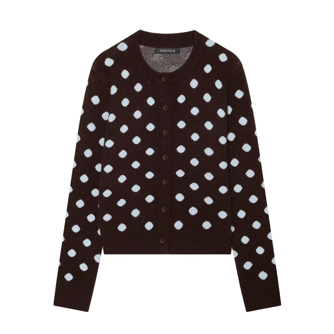 Ladies Polka Dot Short Cardigan with Round Neckline and Button Placket Drune