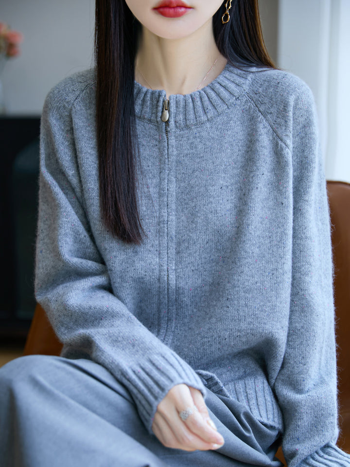 Women's zip cardigan with round neck, fine nep yarn and ribbed finishes Mune Fashion