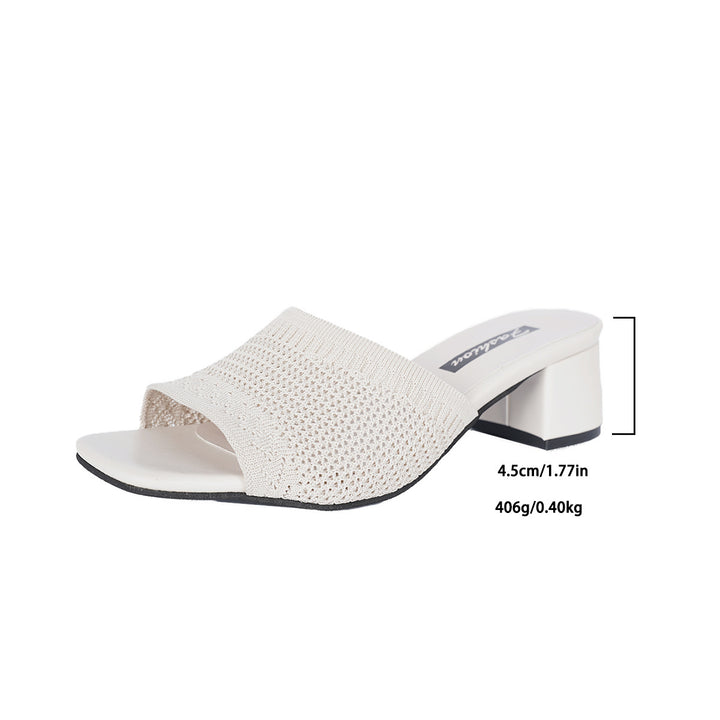 Women's airy knit slippers with square toe shape, padded comfort footbed, and mid-high block heel Mune Fashion