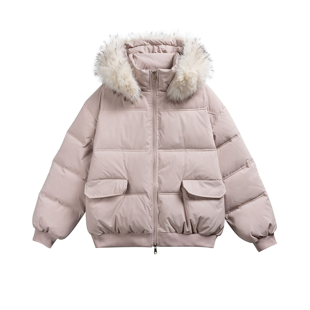 Women's Boxy Puffer Jacket with Hood and Voluminous Faux Fur Collar Mune Fashion