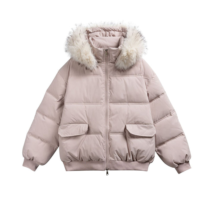 Women's Boxy Puffer Jacket with Hood and Voluminous Faux Fur Collar Mune Fashion