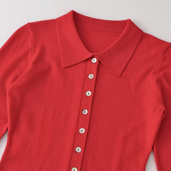 Women's fine knit cardigan with shirt collar and full button placket Mune Fashion