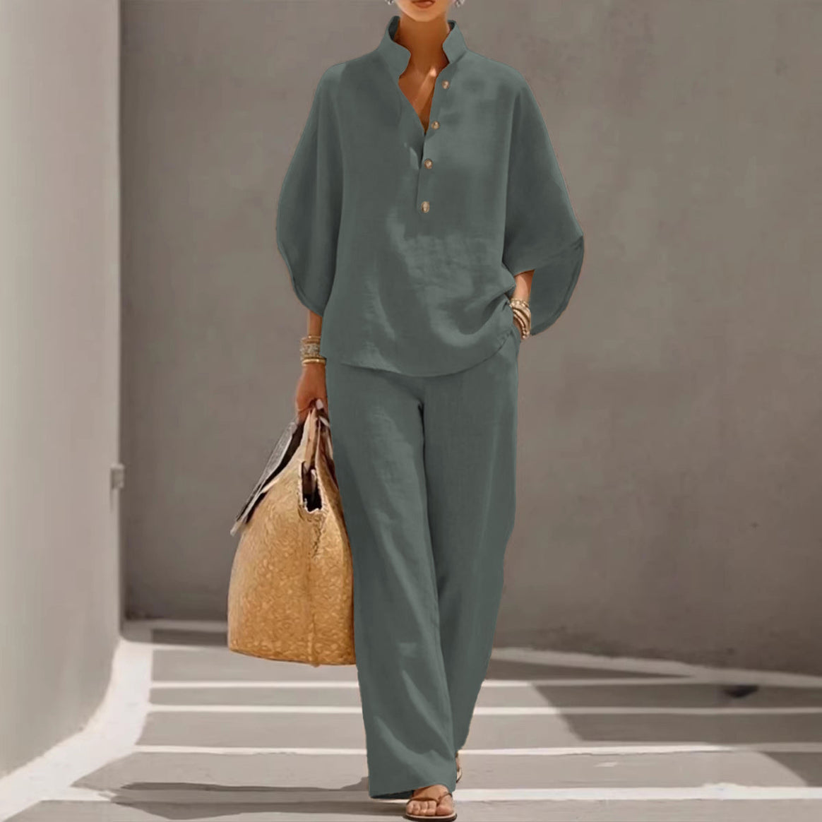 Women Lightweight Linen Loungewear Set with Stand-up Collar Button Placket and Wide Marlene Cut Mune Fashion
