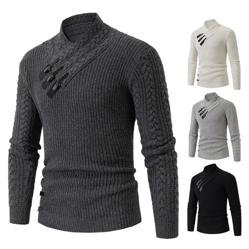 Men's Structured Cable Knit Mock Neck Sweater with Asymmetrical Strap Decoration Mune Fashion
