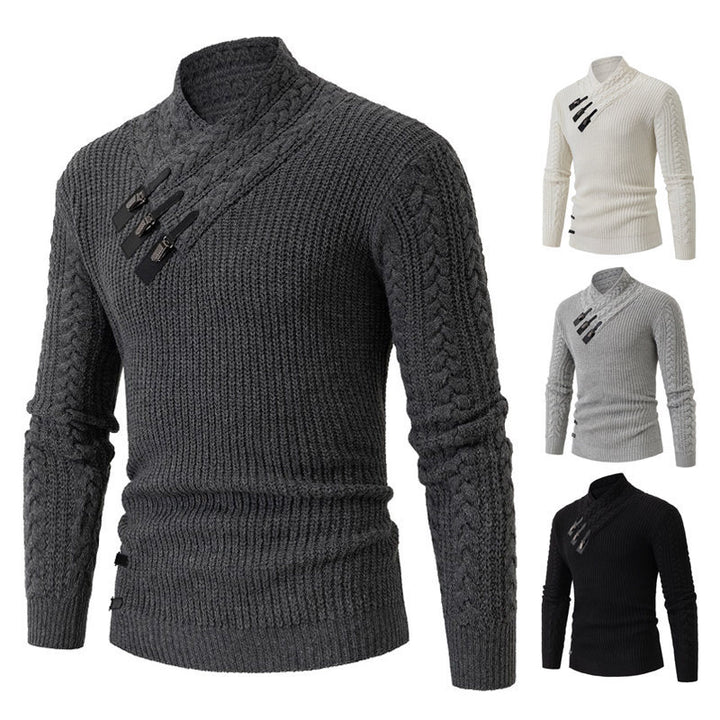 Men's Structured Cable Knit Mock Neck Sweater with Asymmetrical Strap Decoration Mune Fashion