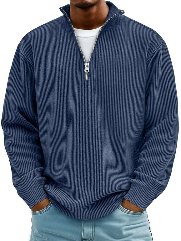 Men's ribbed knit pullover with half zipper and stand-up collar Mune Fashion