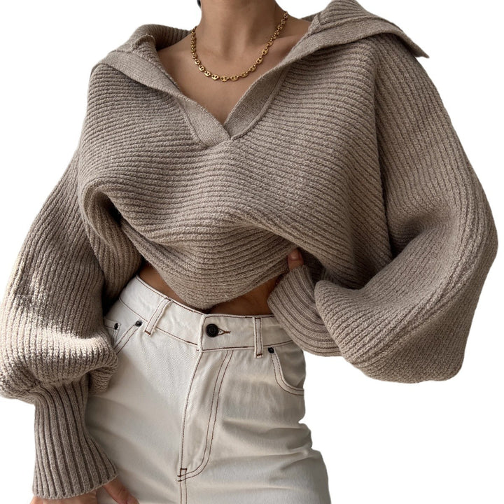 Ladies chunky knit cropped pullover with wide sailor collar and oversized sleeves Mune Fashion
