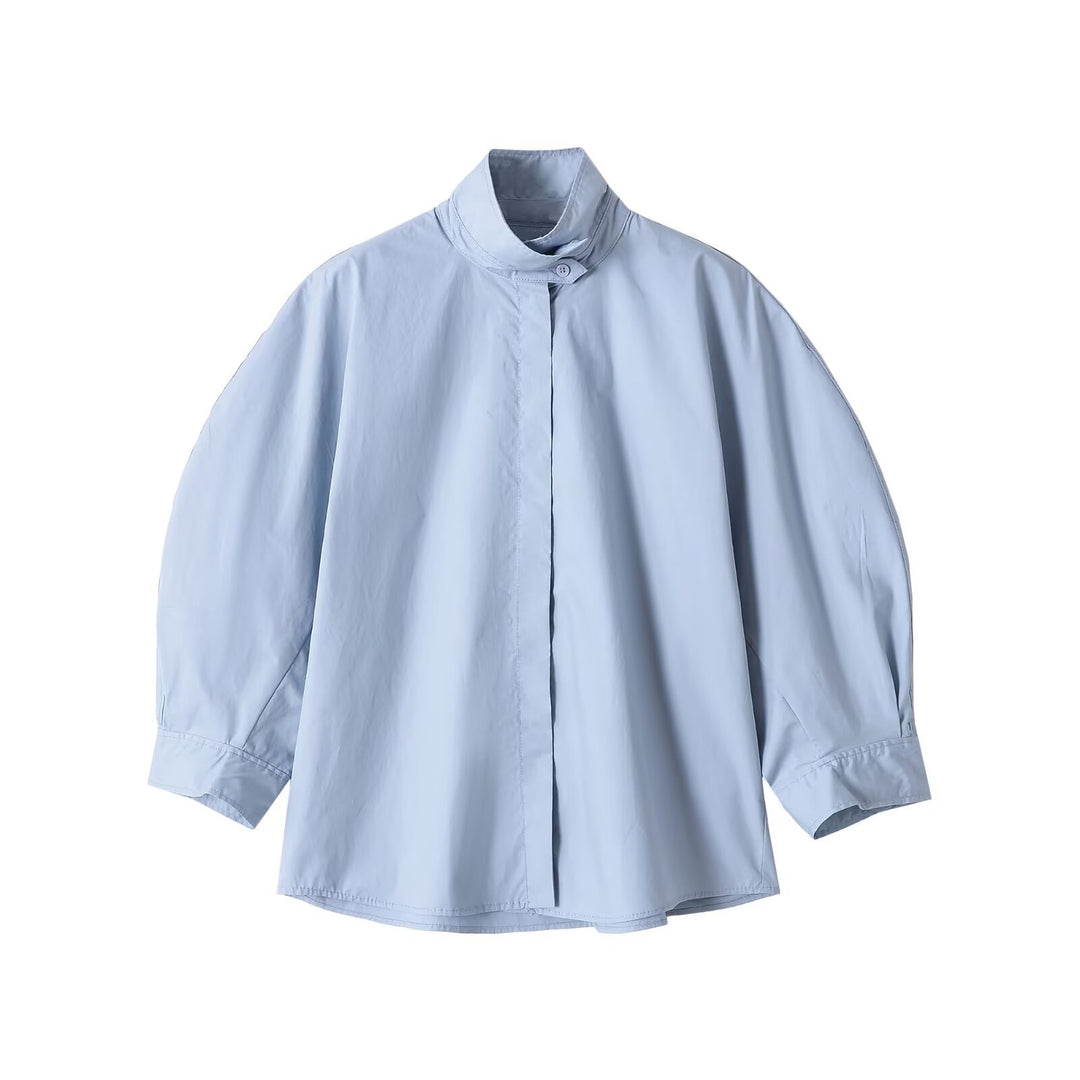 Women's Oversize Blouse with Stand Collar and Hidden Button Placket Mune Fashion