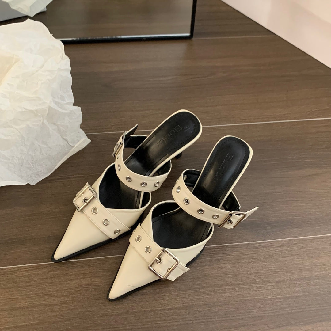 Women's pointed toe mule slippers with double buckle strap, eyelet detail, and low kitten heel Mune Fashion