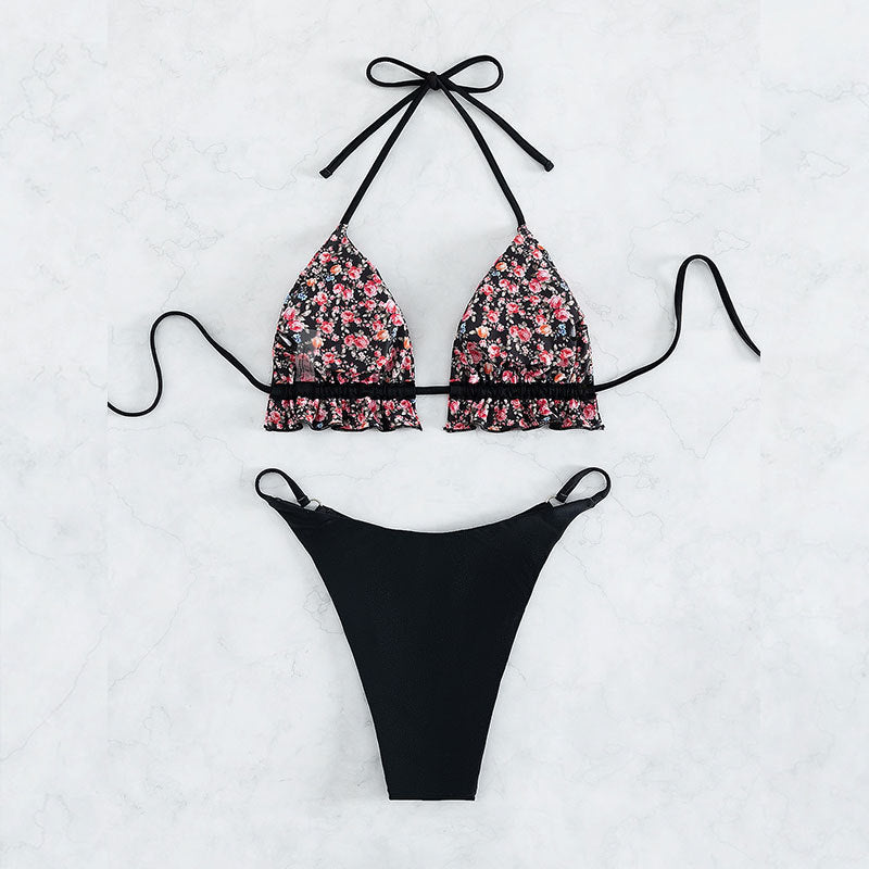 Women's triangle bikini with floral ruffle detail and sporty bottoms Mune Fashion