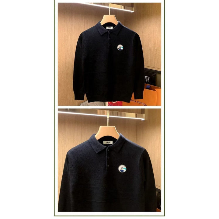 Men's polo collar sweater made of soft fluffy knit with logo patch Mune Fashion