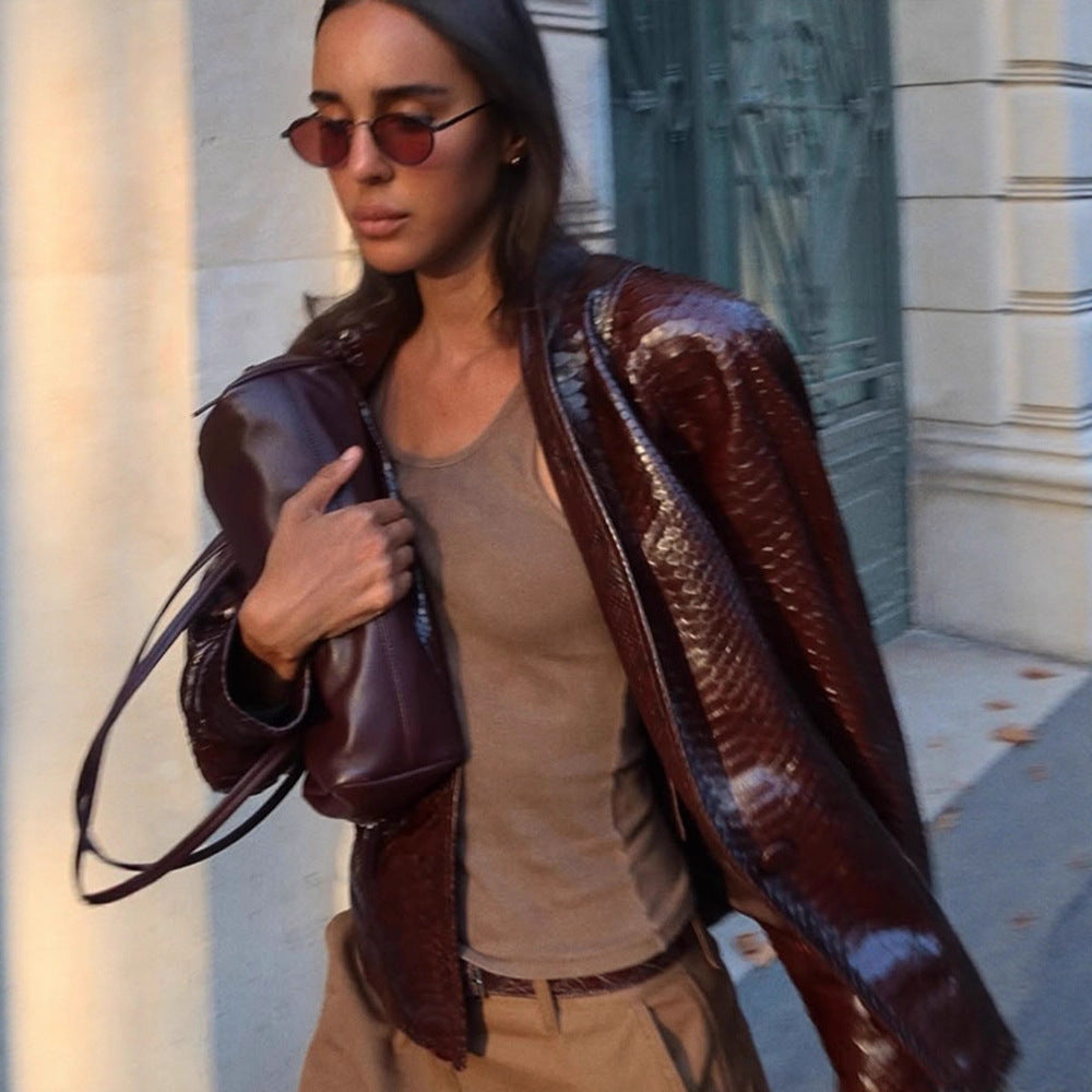 Women's Shiny Snake Pattern Leather Bomber Jacket Mune Fashion