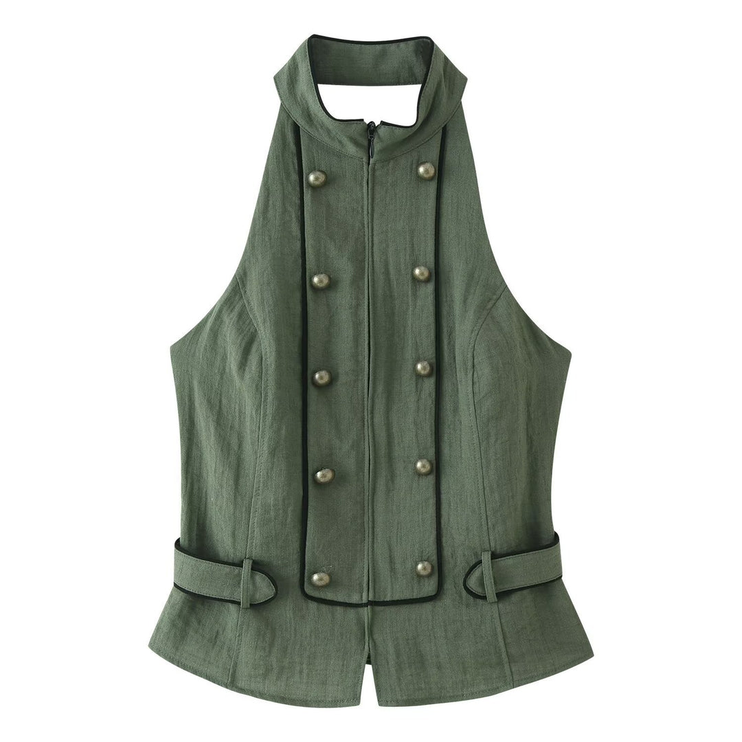 Women's Tailored Sleeveless Vest with Double-Breasted Button Placket and Stand-Up Collar Mune Fashion