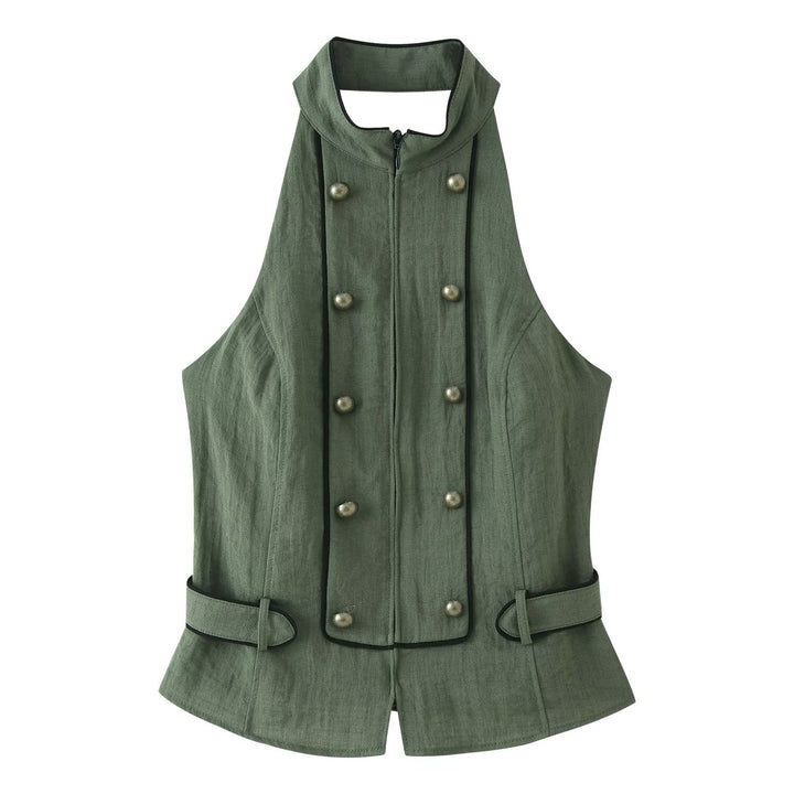 Women's Tailored Sleeveless Vest with Double-Breasted Button Placket and Stand-Up Collar Mune Fashion
