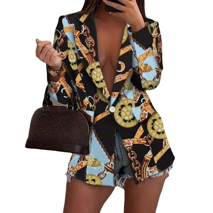 Women's Patterned Longline Blazer with Single Button Closure and Silk Scarf Print Mune Fashion
