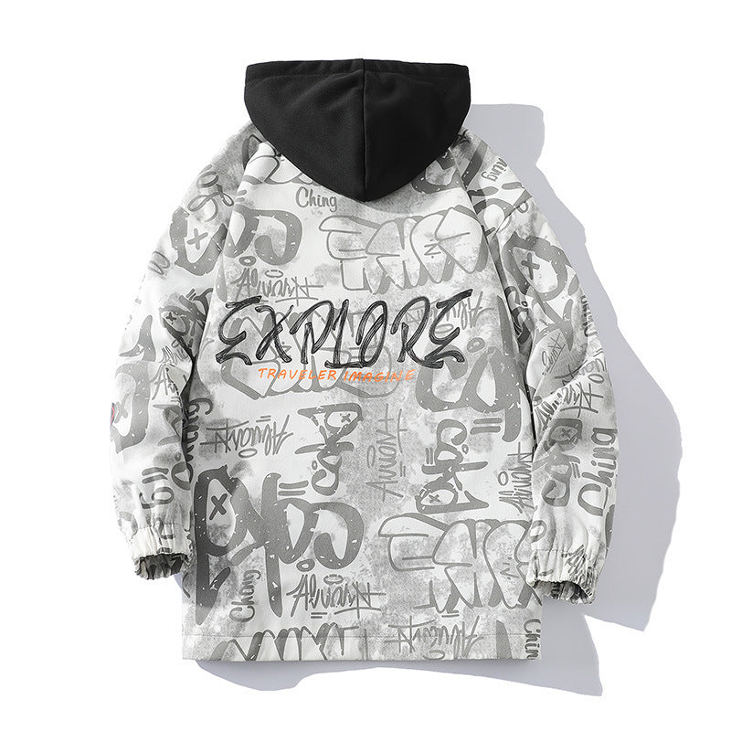 Men's Graffiti Print Hooded Parka with Zip-In Fleece Inner Layer Mune Fashion