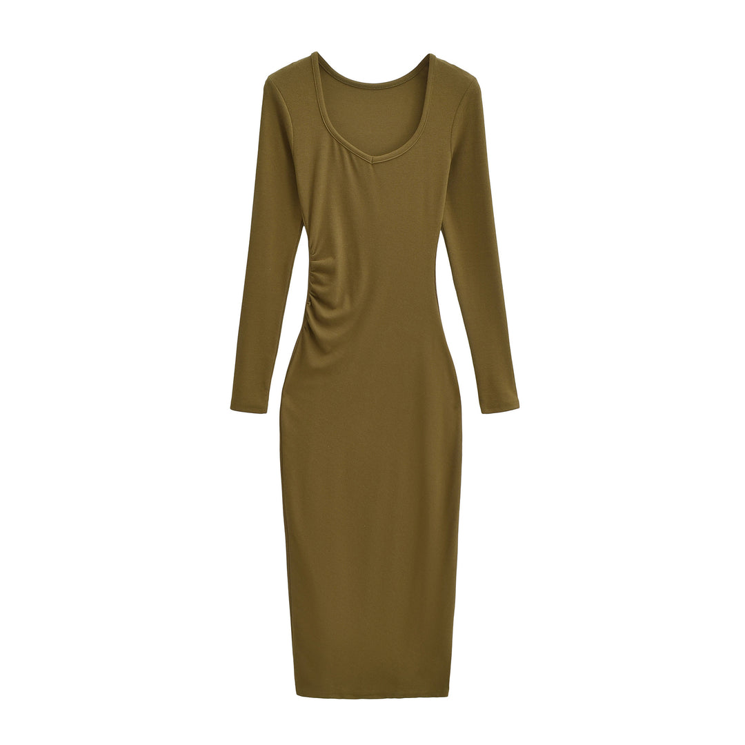 Women's Fitted Midi Dress with Side Ruching and Double Neckline Mune Fashion