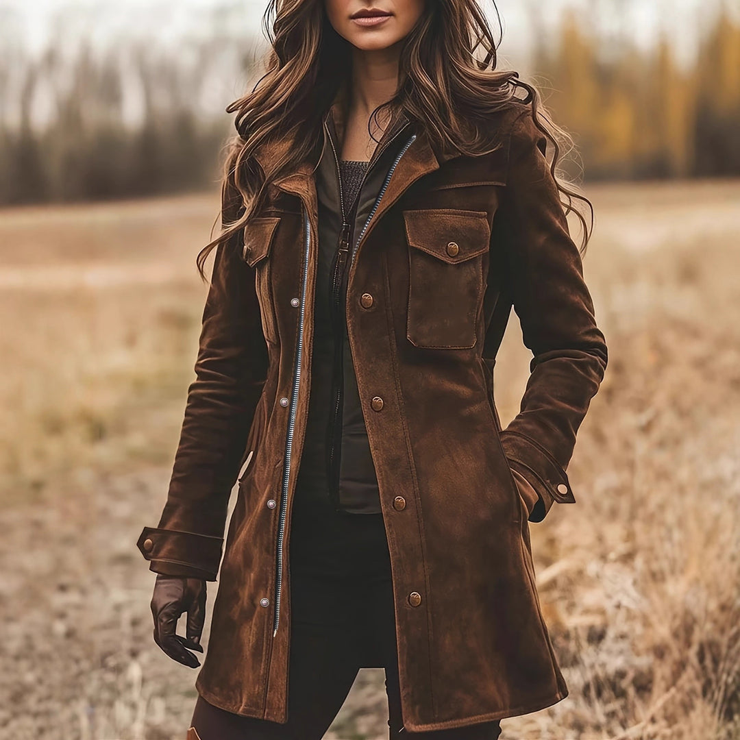 Women's long jacket made of suede leather with utility pockets and concealed zipper Mune Fashion