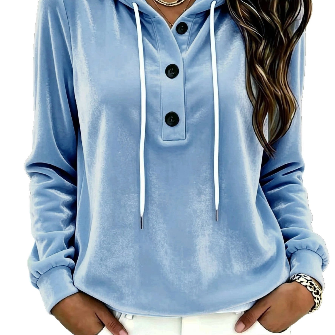 Women's Velvet Hoodie with Button Placket, Hood and Soft Fleece Finish Mune Fashion
