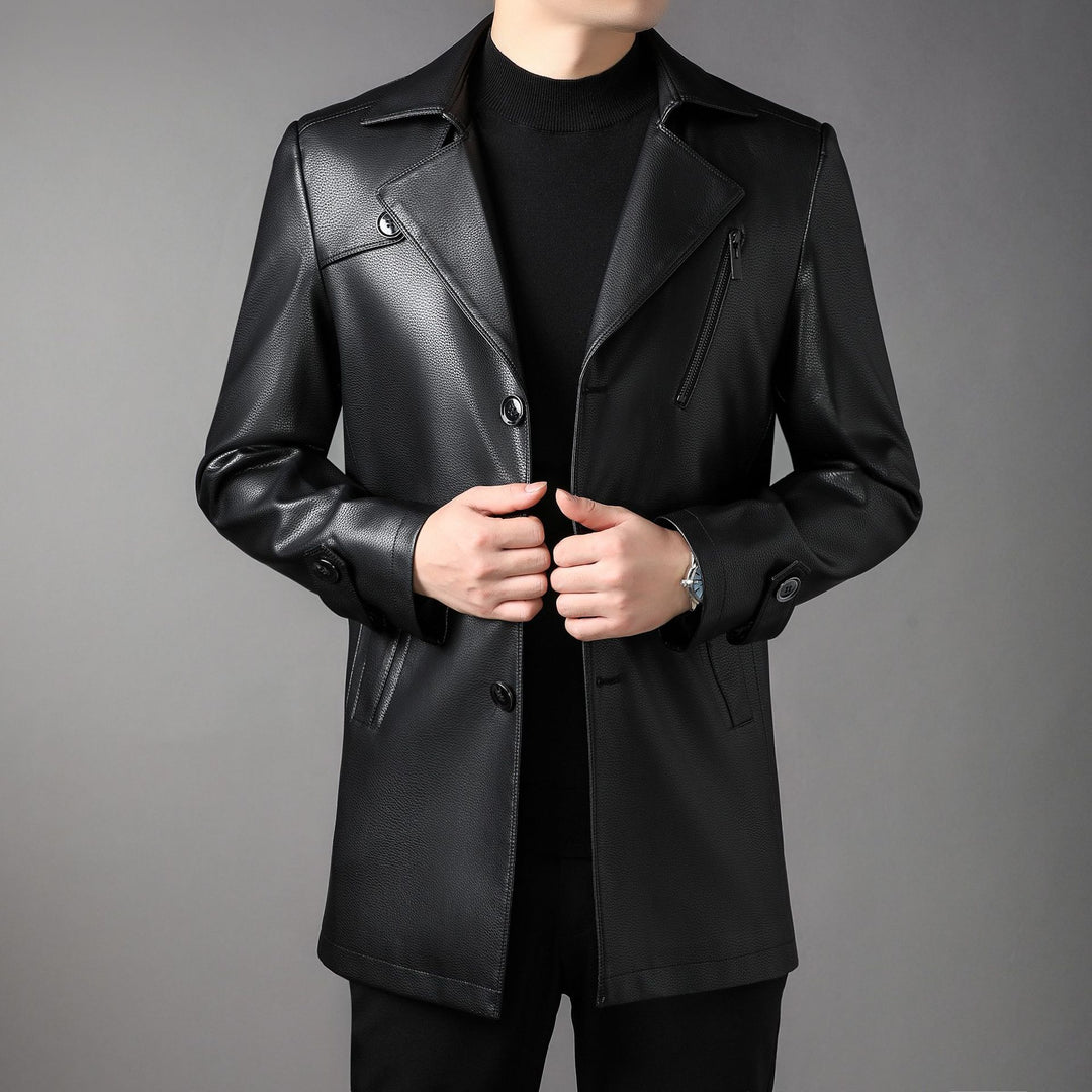 Men's long leather coat with lapel collar and chest zip Mune Fashion