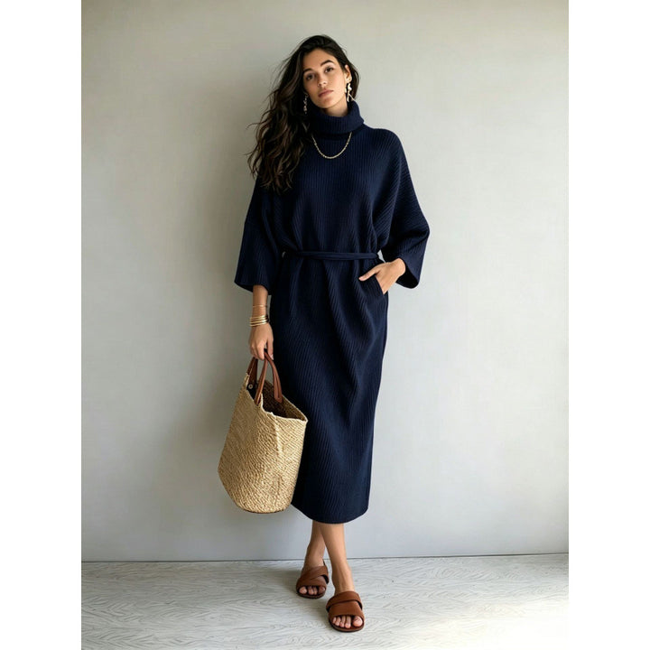 Women's midi dress made of ribbed knit with roll neck, tie belt and side pockets Mune Fashion