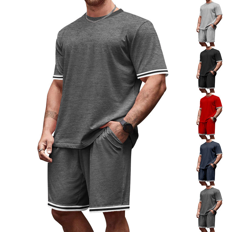 Men's casual jersey set consisting of short-sleeve shirt and bermuda shorts with contrasting stripes, elastic waistband, and insert pockets Mune Fashion