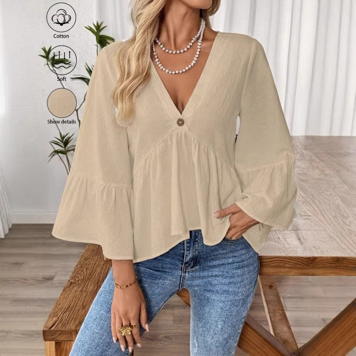 Women's elegant empire blouse with V-neck, gathered bust seam and bell sleeves Mune Fashion