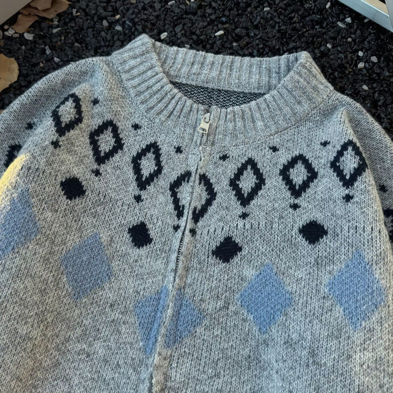Unisex Chunky Knitted Norwegian Cardigan with Crew Neck, Full Zip and Jacquard Yoke Mune Fashion
