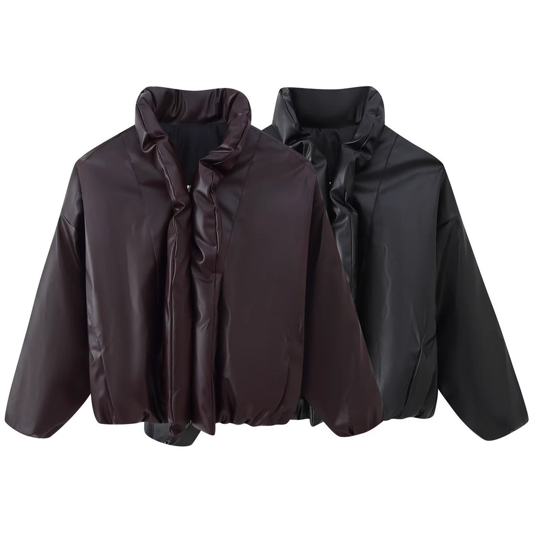 Women Oversized Faux Leather Blouson with Voluminous Stand Collar and Elastic Hem Mune Fashion
