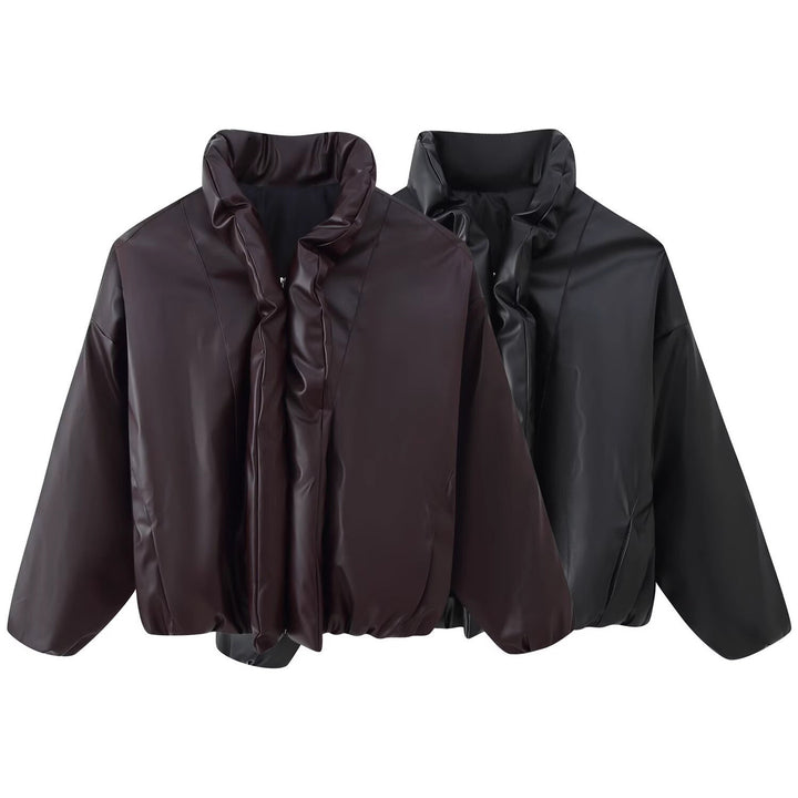 Women Oversized Faux Leather Blouson with Voluminous Stand Collar and Elastic Hem Mune Fashion